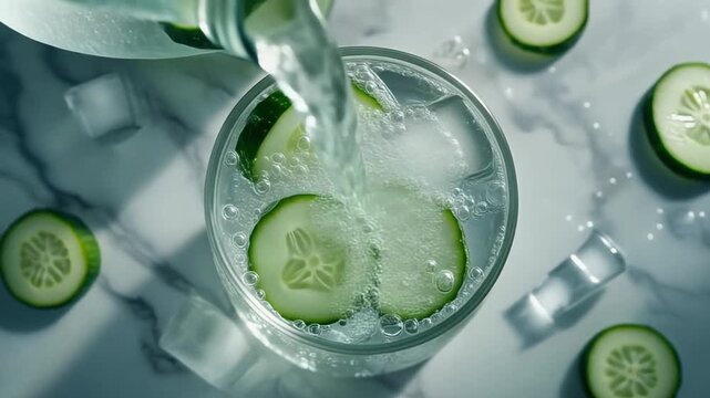 A refreshing sparkling cucumber beverage being poured over ice, a cool and hydrating choice for a healthy diet