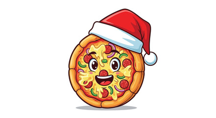 Cheerful pizza character wearing Santa hat celebrating Christmas holiday