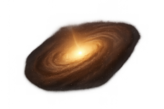 Spiral galaxy with glowing core rotating in cosmic space, forming stars and nebulae, on transparent background