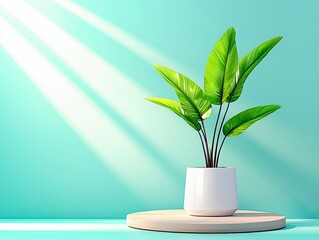 A vibrant green plant in a white pot sits on a wooden stand, illuminated by dramatic light rays against a turquoise background.