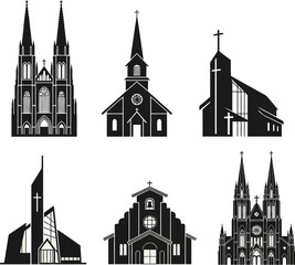 Fototapeta premium Six black silhouettes of various church buildings showcasing different architectural styles and religious symbols.