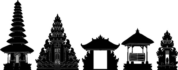 Silhouettes of traditional Balinese temple architecture, featuring various ornate gates, multi-tiered meru towers, and pavilions against a white background.