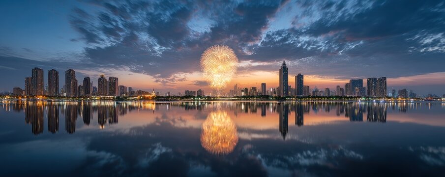 Cityscape Reflection at Dusk - A Serene Urban Panorama.