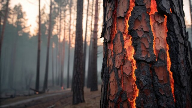 Scorched Tree Bark with Burnt Layers in a Forest