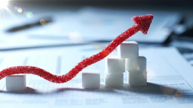 Sweet sugar cubes form a rising chart with a red candy stick showing increasing glucose levels. Represents health risks, diabetes, insulin spike, and an unhealthy diet choice.