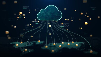 Digital file folders are transferred to cloud storage over a global network, symbolizing data upload, cloud computing, backup systems, cybersecurity, and modern digital infrastructure. - Powered by Adobe