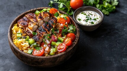 A wooden bowl filled with seasoned rice, sliced grilled chicken, chopped tomatoes, cucumbers, and herbs, served with a small bowl of white sauce.