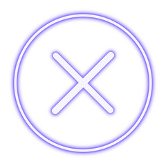 Cross mark button. Neon glowing lilac cross mark icon on a transparent background.