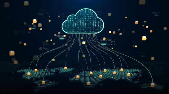 Digital file folders are transferred to cloud storage over a global network, symbolizing data upload, cloud computing, backup systems, cybersecurity, and modern digital infrastructure.