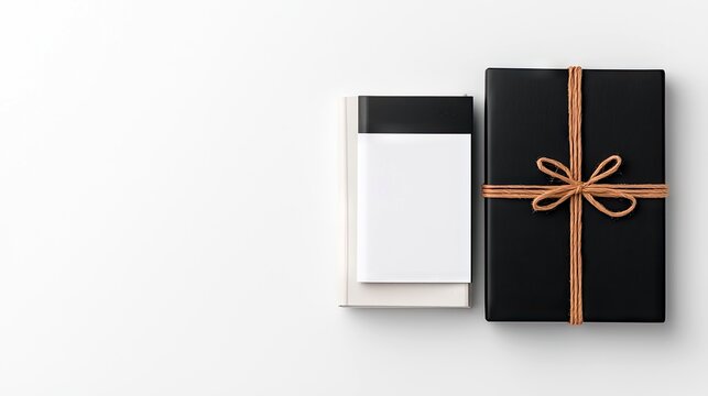 A black gift box wrapped with twine and a stack of books, one with a white cover, are neatly arranged on a plain white surface.