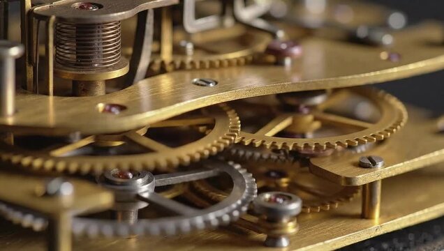 Closeup of intricate brass gears and mechanisms inside a vintage clock