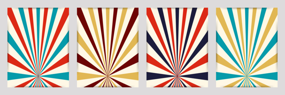 Striped vertical poster set with colorful blue red yellow rays, empty space for headline. Vintage design for banner template, magic show, theatre, attractions, carnival events. Vector illustration