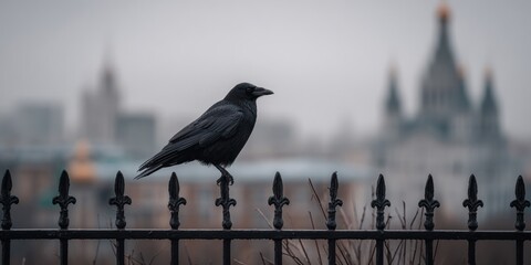 Naklejka premium Raven Perched on a Fence with Cityscape Backdrop on Overcast Day.