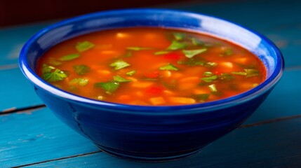 A deep blue bowl holds a steaming bowl of vegetable soup filled with colorful ingredients like tomatoes, bell peppers, and fresh herbs. Ideal for a comforting dinner at home