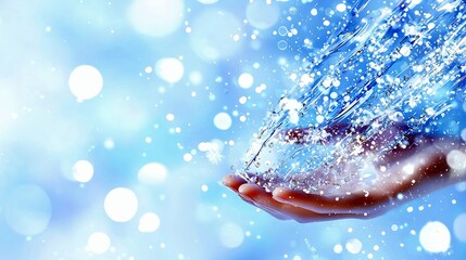 A hand cupped to catch a stream of water with many small water droplets and bokeh lights in the background.