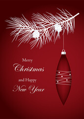 1588_Christmas greeting card with Christmas ornament in the shape of a drop hanging on a pine twig with cones on a red background, space for text