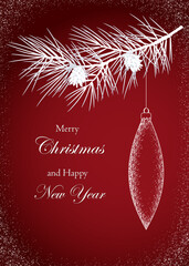 1589_Christmas greeting card with Christmas ornament in the shape of a drop hanging on a pine twig with cones on a red background with snow texture, space for text