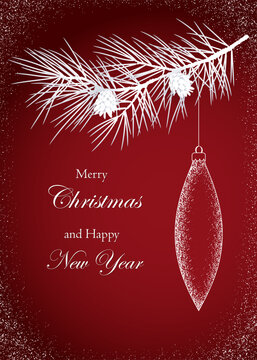 1589_Christmas greeting card with Christmas ornament in the shape of a drop hanging on a pine twig with cones on a red background with snow texture, space for text