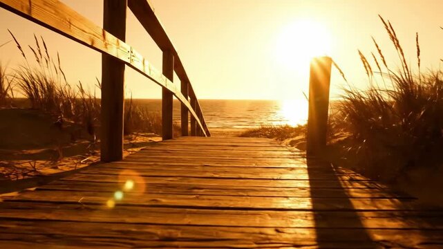 Wooden boardwalk path leading to sandy beach and calm ocean during beautiful golden sunset view