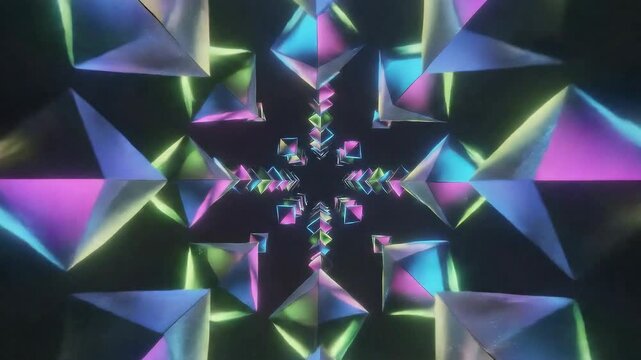 A kaleidoscopic tunnel of iridescent pyramid-like shapes recedes into a dark background The geometric forms reflect vibrant hues of blue green and purple creating a sense of infinite depth - Powered by Adobe