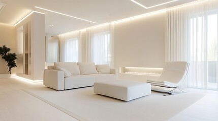 Fototapeta premium Modern minimalist living room with white furniture, bright ambient lighting