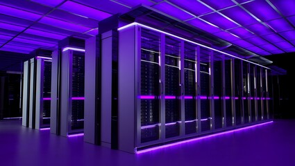 Modern data center with server racks and purple neon illumination glow