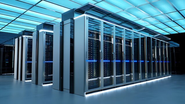 Modern Data Center Room with Rows of Server Racks and Blue Lighting