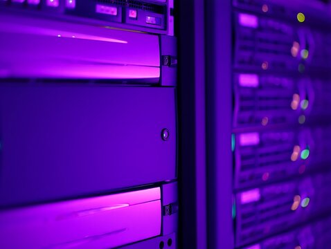 Server room data center with rows of working equipment under neon light