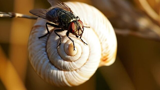 A detailed macro shot of a common housefly resting on top of a white spiral snail shell against a blurred warm background