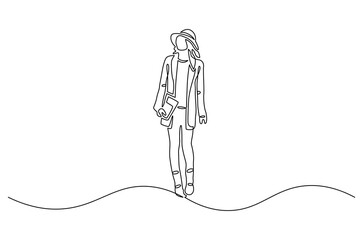 Continuous one line drawing of Young woman in winter clothes. Single line drawing illustration of Woman Fashion portrait. Winter fashion and woman style concept vector art. Doodle line illustration.