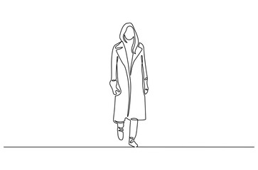 Continuous one line drawing of Young woman in winter clothes. Single line drawing illustration of Woman Fashion portrait. Winter fashion and woman style concept vector art. Doodle line illustration.