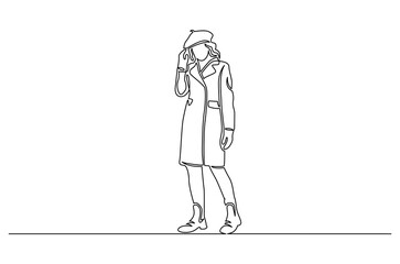 Continuous one line drawing of Young woman in winter clothes. Single line drawing illustration of Woman Fashion portrait. Winter fashion and woman style concept vector art. Doodle line illustration.