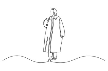 Continuous one line drawing of Young woman in winter clothes. Single line drawing illustration of Woman Fashion portrait. Winter fashion and woman style concept vector art. Doodle line illustration.