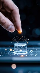 A hand's fingertip touches a bright point of light, activating a glowing, interconnected network structure that rises from a transparent, illuminated cylinder.