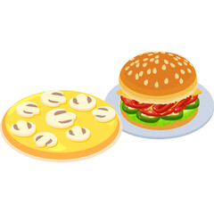 Isometric illustration of a whole mushroom pizza and a beef burger with sesame seed bun served on a light blue plate isolated on white background