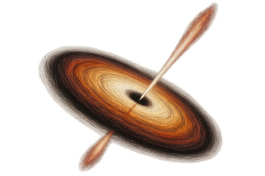 Black hole accretion disk with powerful jets ejecting plasma, cosmic singularity creating gravitational force fields, transparent background