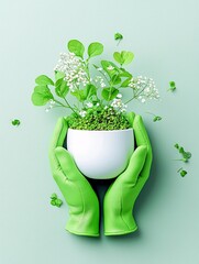 Green-gloved hands cradle a white pot filled with vibrant green sprouts and delicate white flowers, with scattered clover leaves adding a touch of nature.