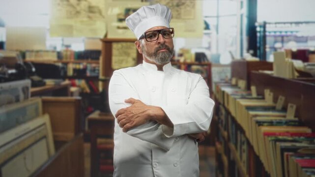 Man chef in white uniform and hat standing with arms crossed among bookshelves in library; confidence discipline.