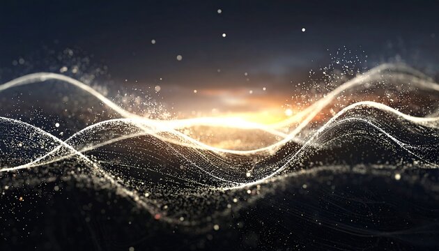 Abstract wavy lines and shimmering particles create a dynamic glow