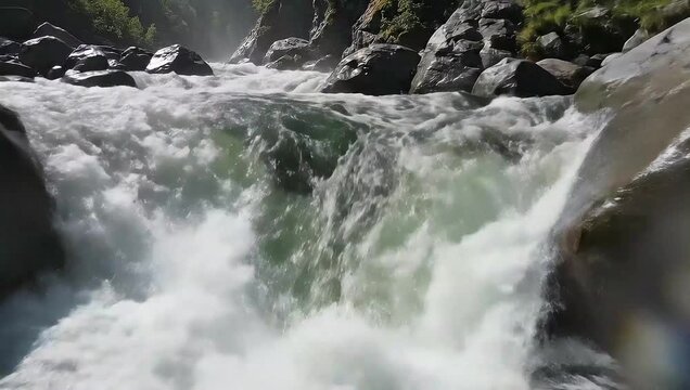 Powerful river rapids rushing through a rocky canyon on a bright day