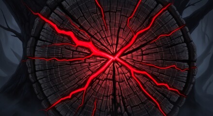 A dark cracked tree trunk crosssection with glowing red fissures set against a dark foggy forest background
