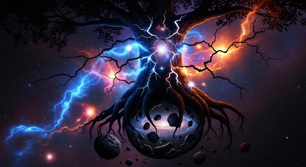 A cosmic tree with glowing blue and orange lightning intertwined roots and a planetlike base containing a galaxy surrounded by floating asteroids in a starry void