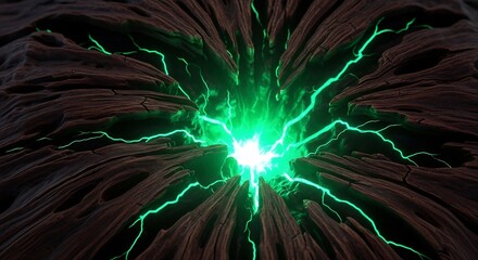 A deep dark chasm with textured organic walls radiating bright green energy and lightninglike streaks from a white core