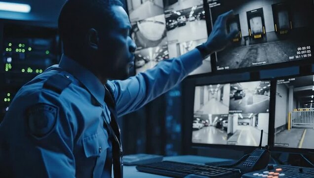 Security officer monitoring multiple cctv screens in a dark control room