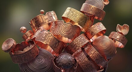 A dynamic cluster of textured copper and goldenbrass metal bands with diverse embossed patterns on a blurred dark background