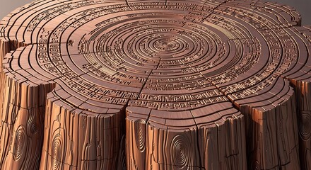 A finely detailed carved wooden surface resembling a tree stump with intricate geometric and circuitrylike circular patterns