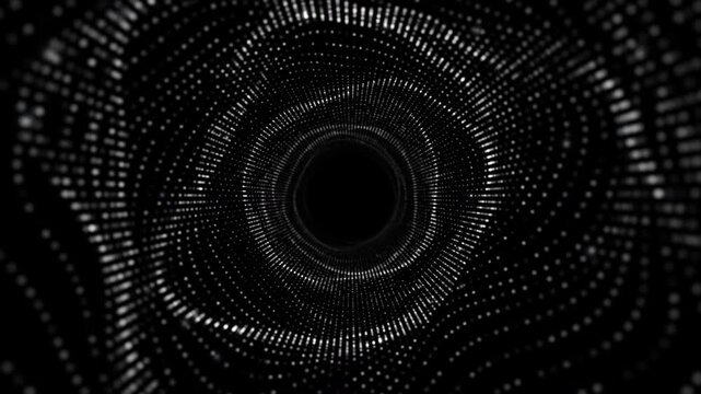 Abstract vortex tunnel made of glowing digital dots, symbolizing data flow, cyberspace movement, particle waves, futuristic technology, and modern digital visualization.