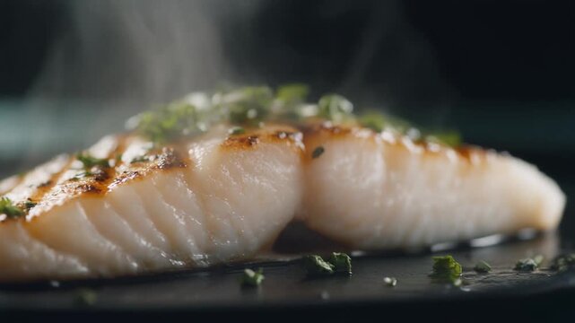 Cinematic macro shot of a perfectly seared white fish fillet steaming, a healthy choice for a gourmet diet