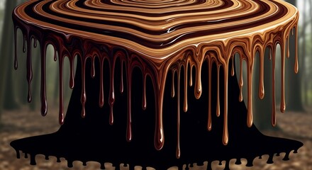 A tree stump in a forest topped with swirling brown and tan syrup dripping down a black base
