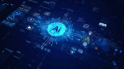 Futuristic AI interface with glowing circuit lines, data analytics graphics, and technology icons symbolizing machine learning, automation, digital innovation, and advanced computing processes. - Powered by Adobe